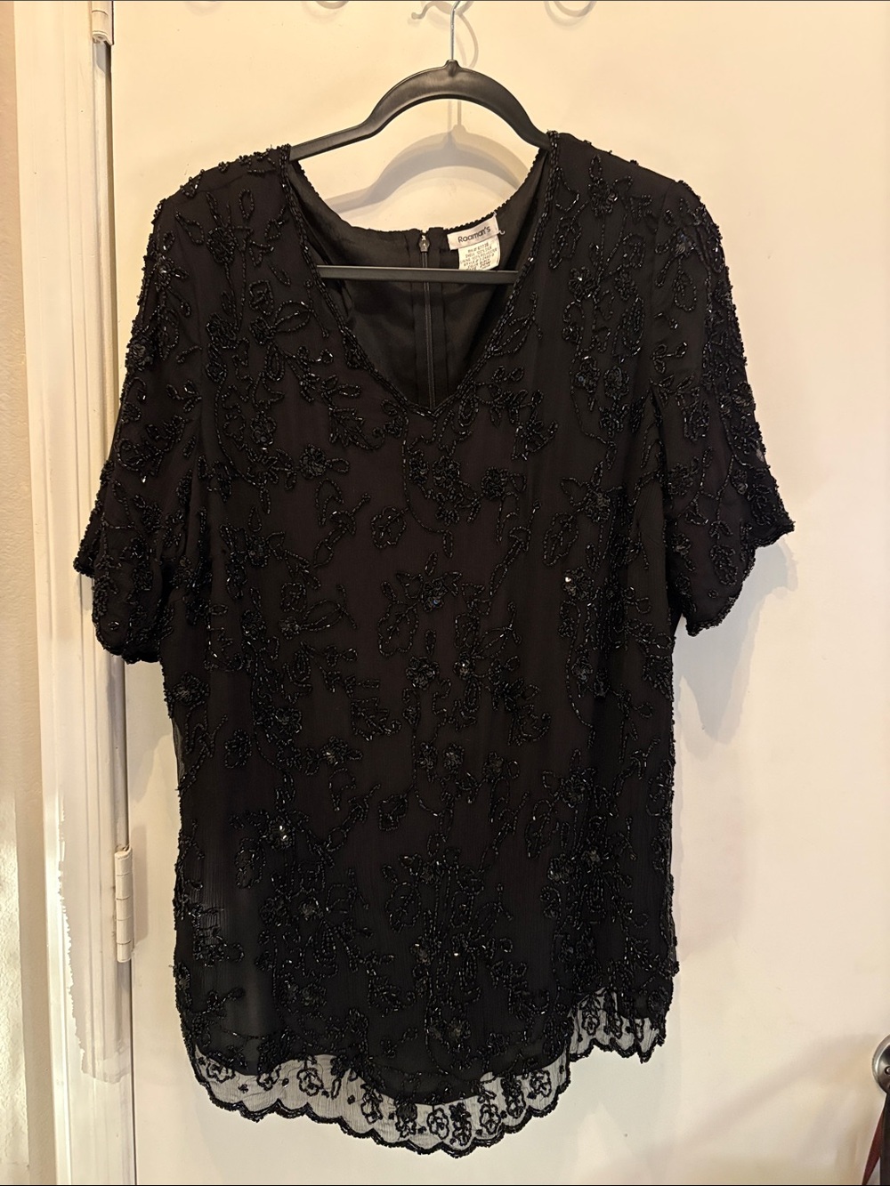 Roaman’s 100% Silk Shell Beaded Women's Black V-Neck Top 20W